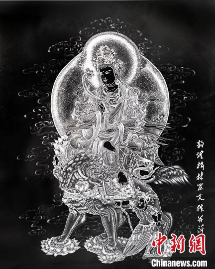 圖為朱增平創(chuàng)作的鍥金畫《敦煌榆林窟文殊菩薩》。(資料圖) 受訪者供圖