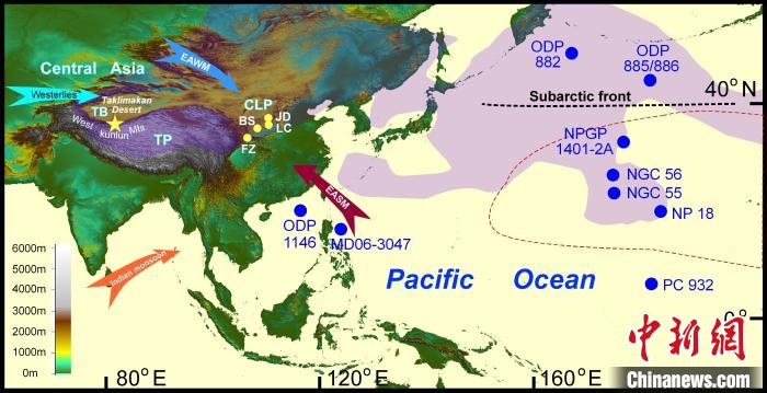 塔里木沙塵傳輸至北太平洋的路徑(陰影區(qū))及西昆侖山黃土巖芯位置(五角星)。　中科院青藏高原所 供圖
