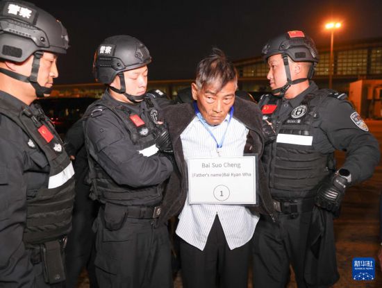 1月30日，在緬甸內(nèi)比都國際機場，緬甸警方依法向我公安機關(guān)移交緬北重大犯罪嫌疑人白所成。新華社記者 殷剛 攝