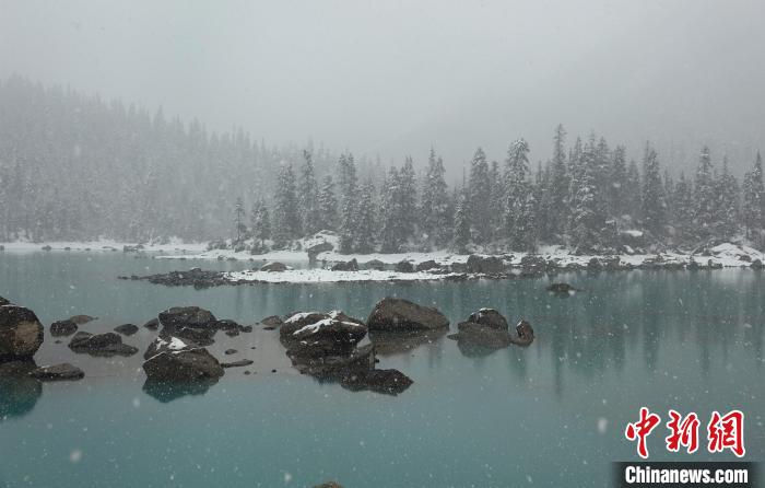 然烏湖春雪飄落美如畫游客湖邊拍照賞景