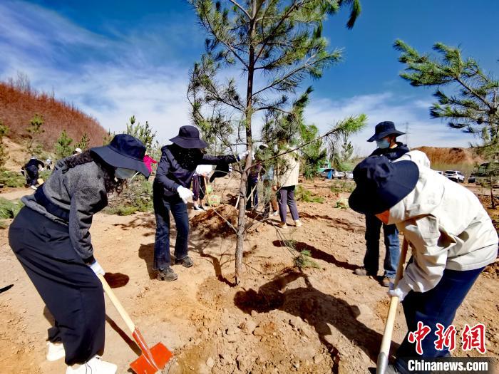 圖為西寧市城東區(qū)干部職工參加義務植樹?！?zhí)砀?攝