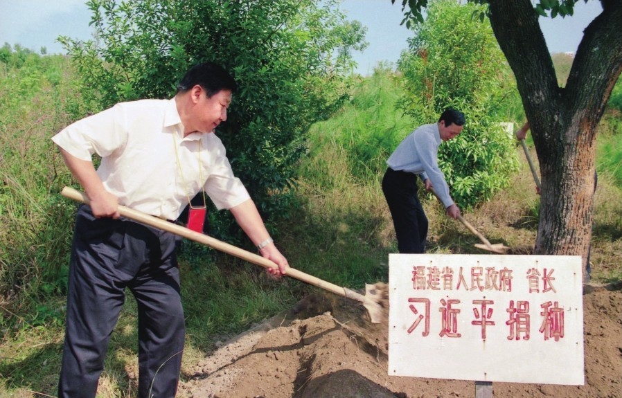 2001年10月，習(xí)近平在龍巖市長(zhǎng)汀縣調(diào)研水土流失治理工作，在河田世紀(jì)生態(tài)園為樹培土。圖源：《習(xí)近平在福建（下）》