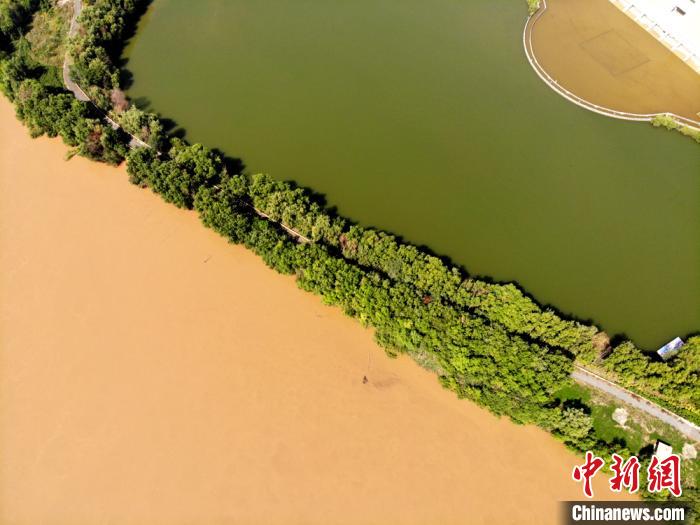 圖為2020年9月3日航拍黃河蘭州段濕地公園現(xiàn)黃河“鴛鴦鍋”。(資料圖) 高瑩 攝